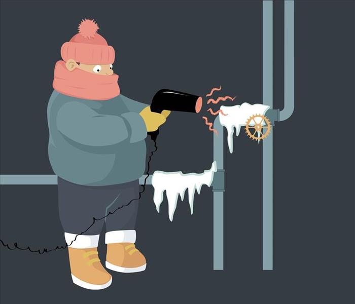Image of a cartoon showing a person trying to melt ice from the pipes with a hair blowdryer